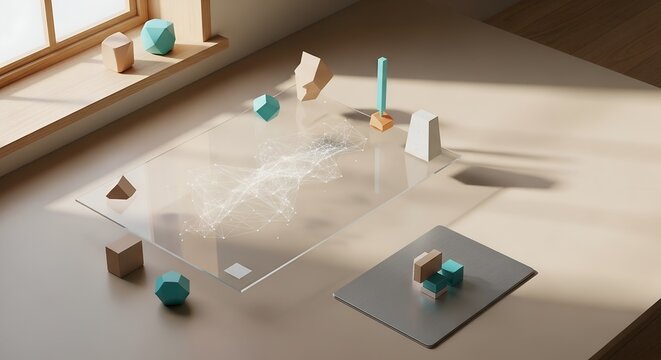 Digital network map on transparent screen with geometric shapes