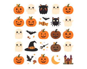 Naklejka premium Cute kawaii Halloween character and spooky elements flat vector collection