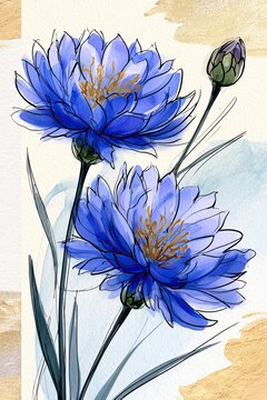 Botanical illustration of two large blue cornflowers with intricate petals and golden stamens, accompanied by an unopened bud and slender green stems