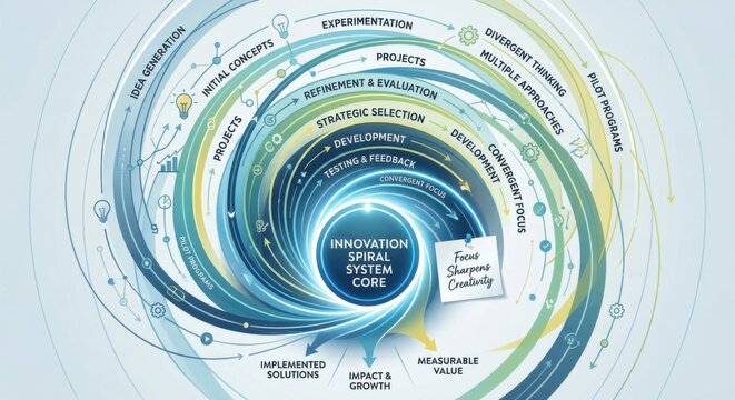 Innovation Spiral System Core: A Visual Representation of Growth, Strategy, and Creative Development