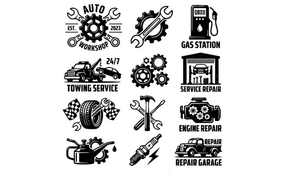 Auto repair workshop and car service station line graphic icon set with workshop