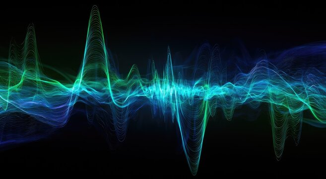 Vibrant glowing waveform of blue and green light pulsations