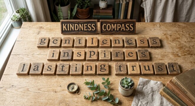 Kindness Compass wooden tiles spelling gentle inspiring trust with decorative elements