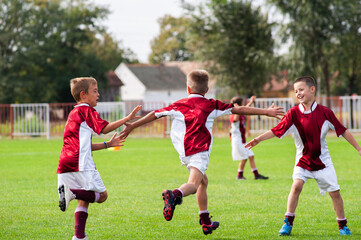 Fototapeta premium Young Boys Playing Soccer on a Grass Field