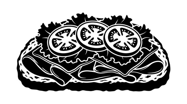 High contrast black and white vector silhouette of an open-faced sandwich loaded with deli meat, fresh lettuce, and sliced tomatoes on artisan bread.