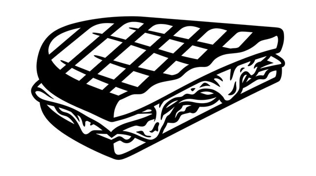 Black and white silhouette illustration of a delicious grilled panini sandwich with melted cheese. Perfect for cafe menus, bakery logos, or food design.