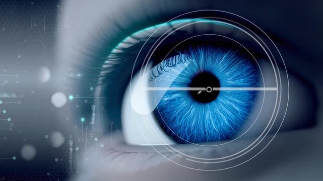 Close up of a blue human eye with digital futuristic technology and biometric scanning concept
