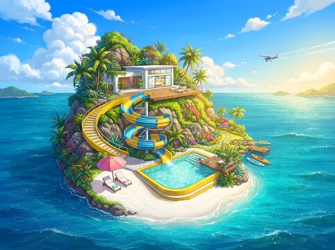 Tropical island paradise with modern villa swimming pool and water slide illustration