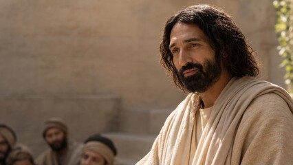 Naklejka premium Jesus Christ teaching disciples about the lost coin parable in a biblical setting. Religious storytelling, repentance, forgiveness, faith, and heavenly joy inspired by the Gospel of Luke.
