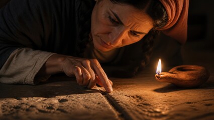 Naklejka premium Woman searching for a lost coin by lamplight. Biblical parable of the lost drachma from the Gospel of Luke. Faith, repentance, spiritual searching, and joy of finding.