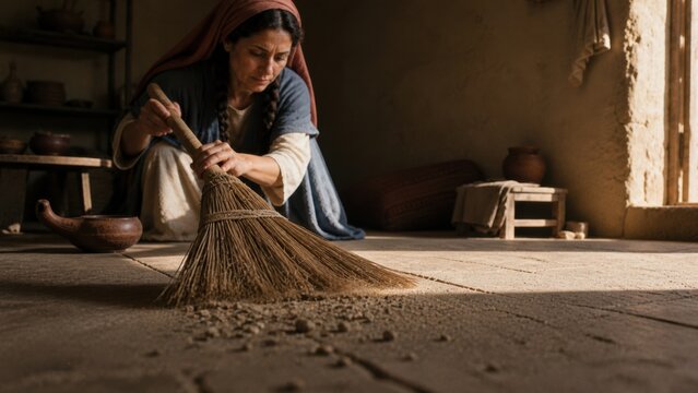 Woman sweeping a humble home while searching for a lost coin. Biblical parable of the lost drachma from Luke, symbolizing repentance, perseverance, redemption, and heavenly joy.