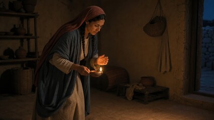 Fototapeta premium Biblical woman searching a humble home with an oil lamp for a lost coin. Parable of the lost drachma from the Gospel of Luke, symbolizing repentance, redemption, and heavenly joy.