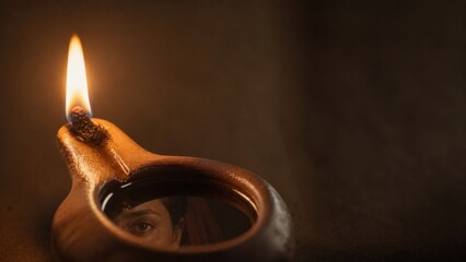 Naklejka premium Oil lamp illuminating a womans reflection in a dark vessel. Biblical parable of the lost coin, spiritual searching, repentance, faith, and divine joy. Copy space.