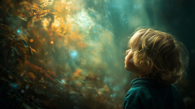 Profile view of a young boy looking upward in a mystical enchanted forest filled with bokeh light