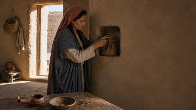 Woman finding a lost coin inside an ancient home. Biblical parable of the lost drachma, faith, repentance, forgiveness, and heavenly joy from the Gospel of Luke.