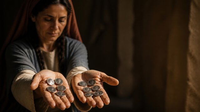 Biblical woman holding ten silver coins in open hands. Parable of the lost drachma symbolizing redemption, repentance, spiritual value, and heavenly joy from the Gospel of Luke.
