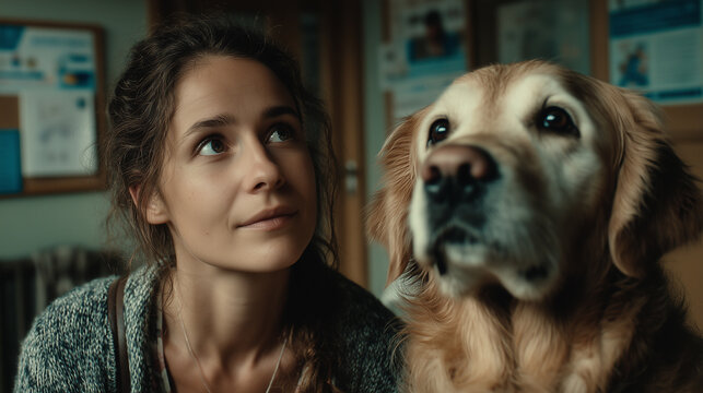 A heartwarming portrait of a thoughtful young woman sitting beside her faithful golden retriever dog in a cozy room looking to the side with deep friendship and bond.
