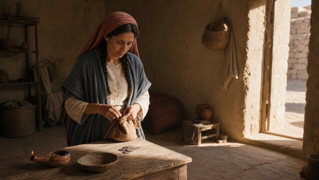 Woman searching for a lost coin in a biblical home. Parable of the lost drachma from Luke 15. Ancient Middle Eastern interior illustrating repentance, discovery, and heavenly joy.