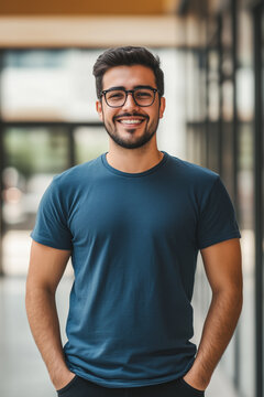 Portrait of a cheerful young bearded man with modern glasses wearing a casual blue t-shirt with hands in pockets outdoors in urban setting
