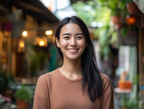 Front view of an attractive happy young East Asian woman with long dark hair smiling broadly while posing outside on a city street in warm evening illumination
