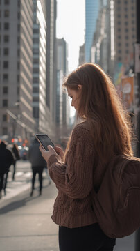 Full side view of a young woman with long hair wearing a knitted sweater and backpack holding her smartphone on a city sidewalk surrounded by tall skyscrapers