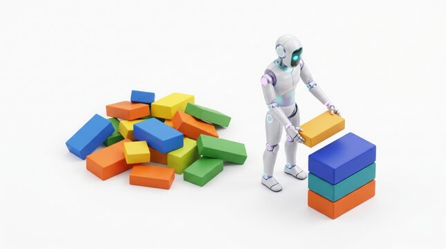 Futuristic robot organizing colorful building blocks