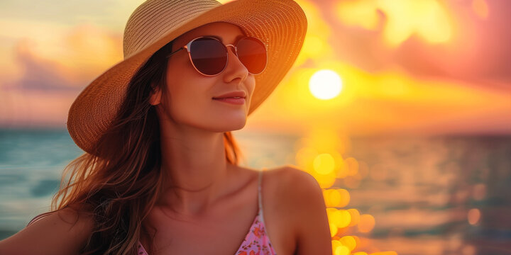Scenic portrait of a happy young woman in straw hat and sunglasses gazing towards warm golden sunset over sea horizon at tropical resort