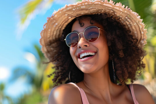 Portrait of a beautiful smiling young Black woman wearing round sunglasses and straw hat enjoying sunny tropical holiday outdoor in nature
