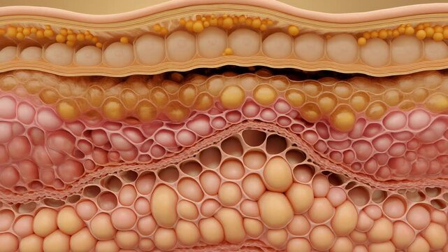 Detailed 3D illustration of human skin layers showing fat cells collagen and tissue structure