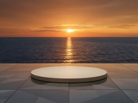 Empty white pedestal overlooking ocean sunset with golden hour light and dramatic sky