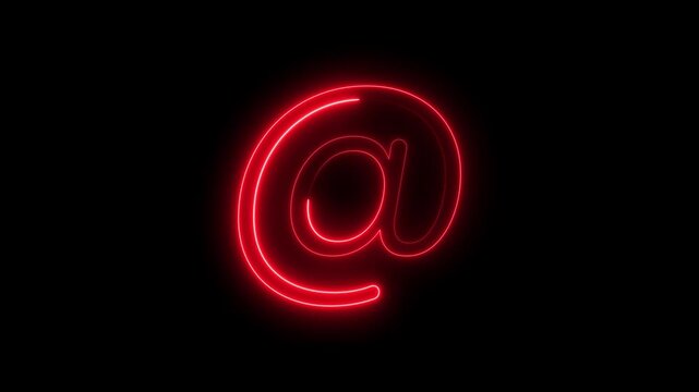 Neon @ symbol Animation Video, Glowing red neon at symbol sign pulsing on black background, for digital communication, and email concepts
