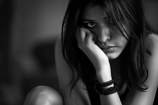 Moody monochrome portrait of a melancholy young woman resting her chin on hand with sad expressive eyes looking straight into camera