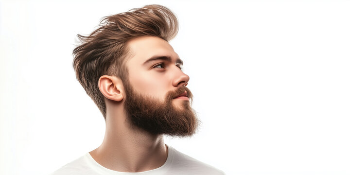 Side profile view of an attractive young man with well groomed brown beard and styled modern hairstyle looking upwards on isolated white background