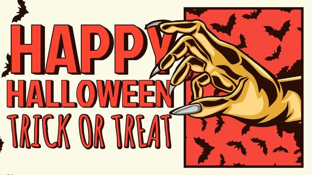 4K retro comic Halloween animation loop featuring creepy monster claw hand, bold red Happy Halloween text, flying black bats on red and cream backdrop. Ideal for spooky video backgrounds.