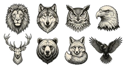 Obraz premium Vintage Engraving Wildlife Animal Portrait Set with Lion Wolf Owl Eagle Deer Bear Fox and Raven on White 