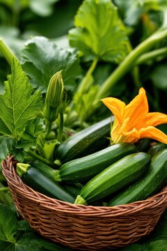 Freshly harvested zucchini and squash blossoms arranged in a rustic woven basket, surrounded by lush green leaves and garden plants in a natural setting