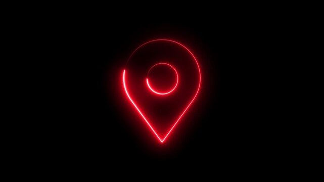 Neon Map pin location Animation Video,, Glowing red neon map pin location marker animation on black background