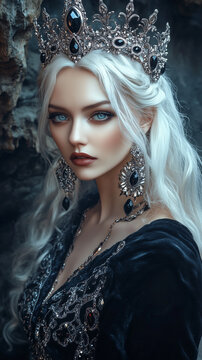 Dramatic fantasy portrait of an elegant royal queen with long silver white hair wearing an ornate jeweled crown and embellished black velvet gown