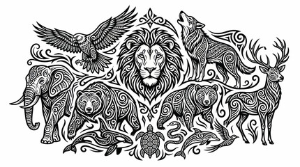 Obraz premium Majestic Wildlife Collage: Lion, Eagle, Elephant, Bear, Wolf, Deer, Orca, Turtle, Snake, Dolphin, Bird - Tribal Art Style