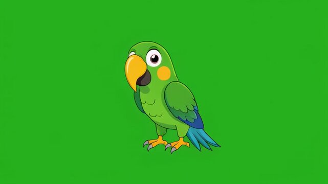 Green parrot standing on green screen chroma key background with subtle animation