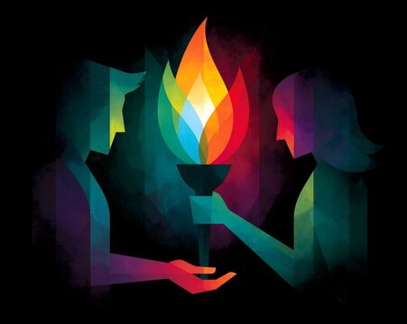 Silhouette figures passing colorful torch flame illustration symbolizing leadership mentorship and teamwork