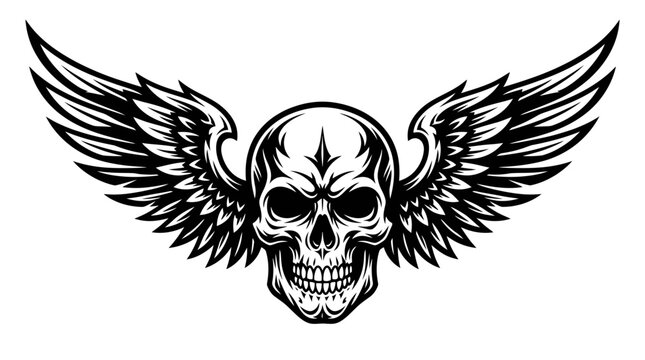 Crested human skull with large feathered wings