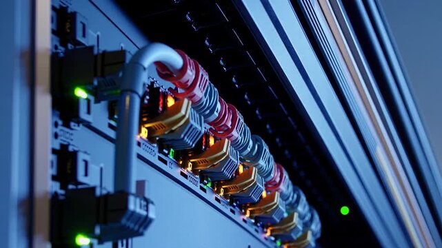 Close-up view of network server connections showing multiple colored cables and illuminated ports, highlighting the intricate setup of a data center environment
