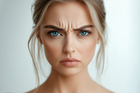 Close up headshot of an intense young woman with blonde hair tied back frowning with blue eyes expressing anger irritation and frustration