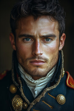 Dramatic close up portrait of a serious young man in an ornate vintage naval military uniform with gold embroidery and high collar
