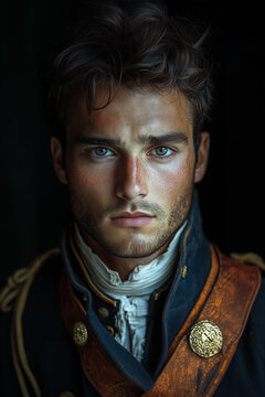 Head and shoulders portrait of a handsome serious man with dark hair dressed in a historical embroidered military uniform against a dark backdrop