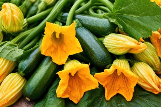 Freshly harvested zucchini and vibrant squash blossoms arranged with green stems and broad leaves on a rustic wooden surface in an outdoor garden setting