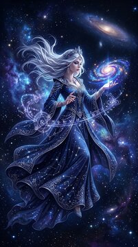 Space goddess holding a galaxy in deep dark universe