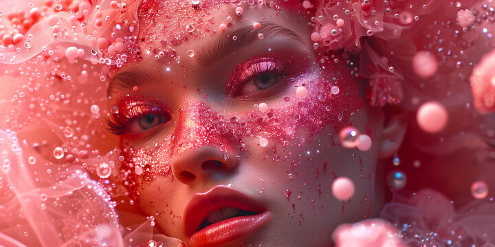 Artistic beauty macro shot of a gorgeous woman submerged in pink glittering water with water bubbles and shimmery makeup on her face