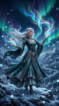 Fantasy elf queen casting magic with northern lights